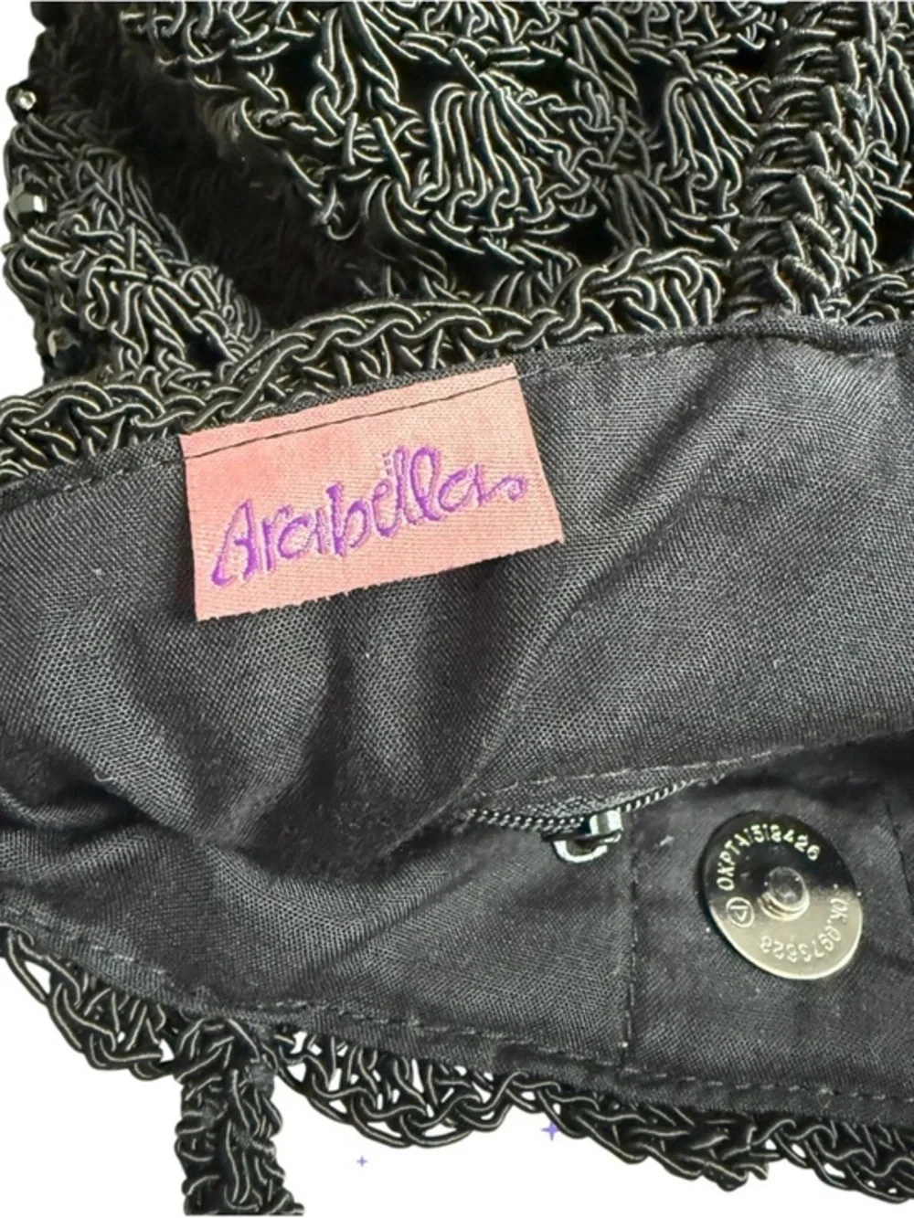 Arabella Vintage Black Beaded Crochet Cord Tote Bag Boho Glam Evening‎ Small